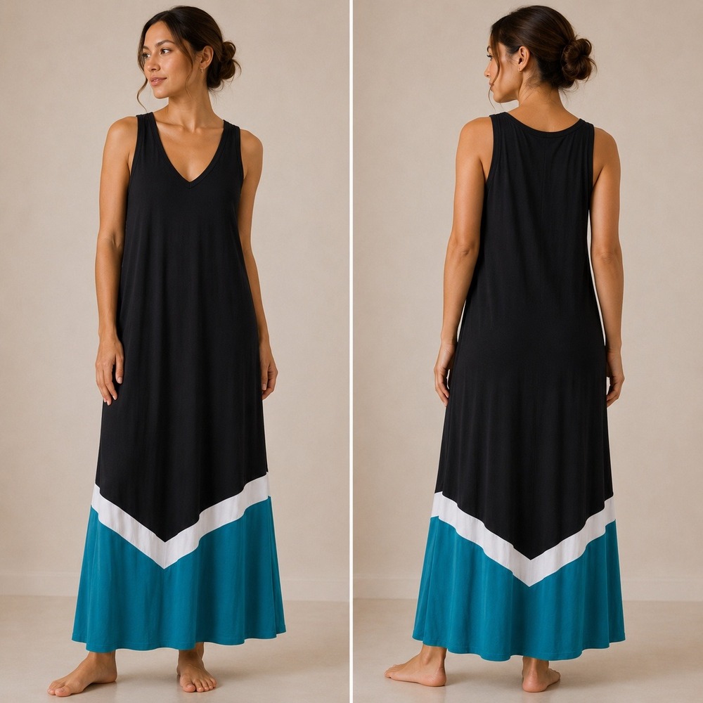 Karen Kane Colorblock Maxi Coastal Resort Dress 3X Black Teal New Sea Glass
